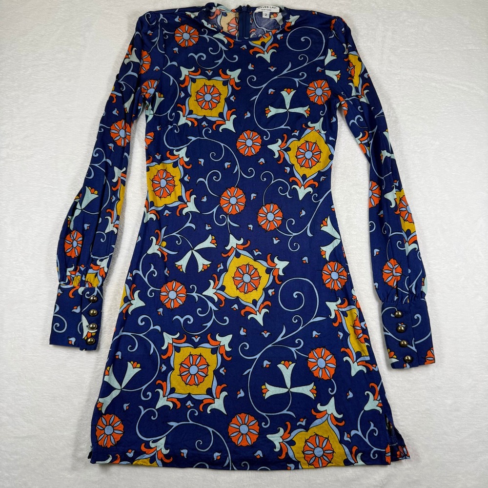 Nieves Lavi New York Womens 2 Silk Floral Mod Mini Dress Blue Orange Long Sleeve